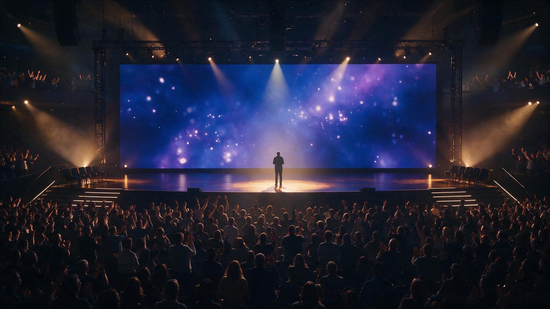 A packed arena facing a lit keynote stage