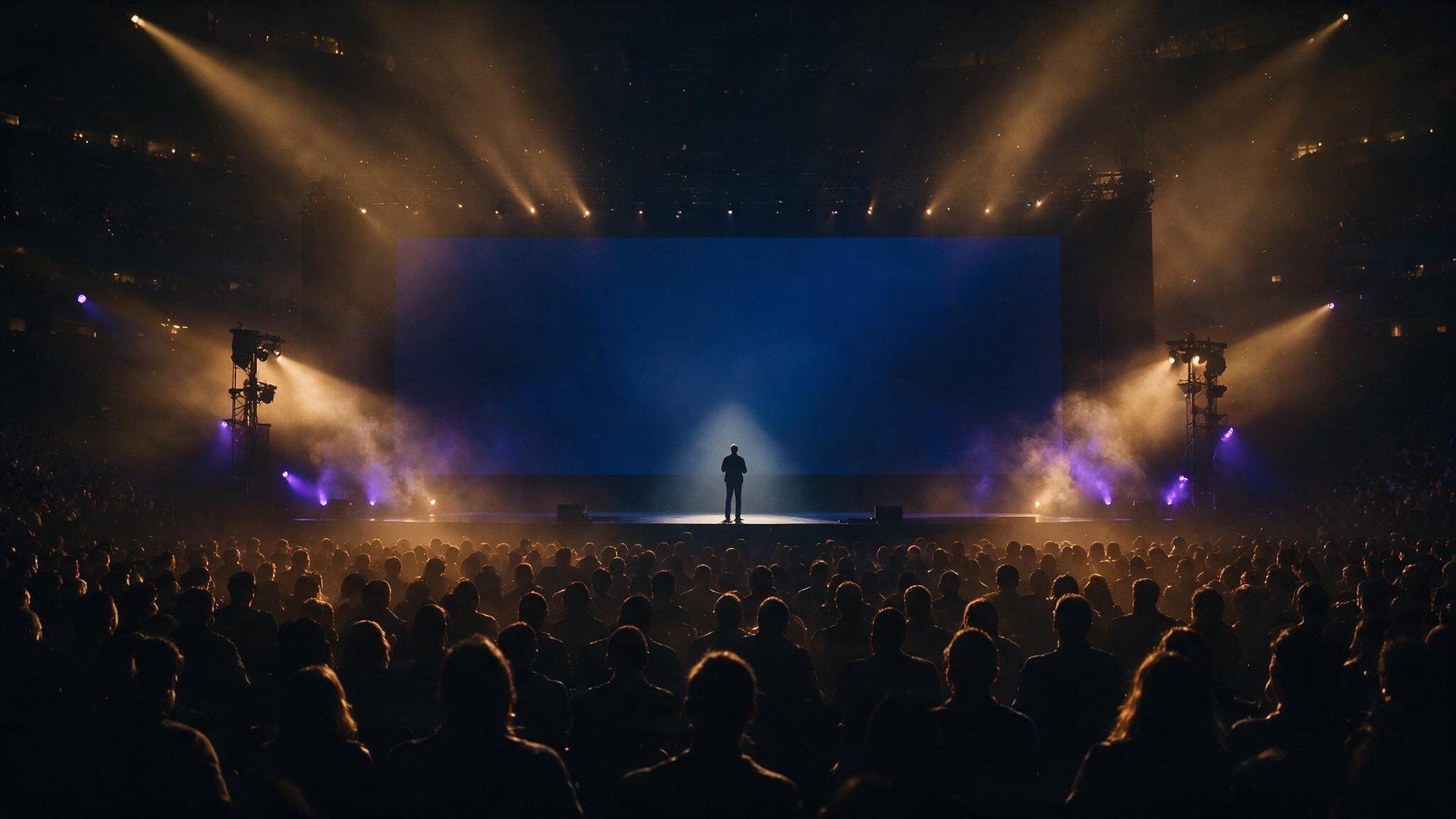 A keynote stage in a packed arena, a lone speaker under the spotlight