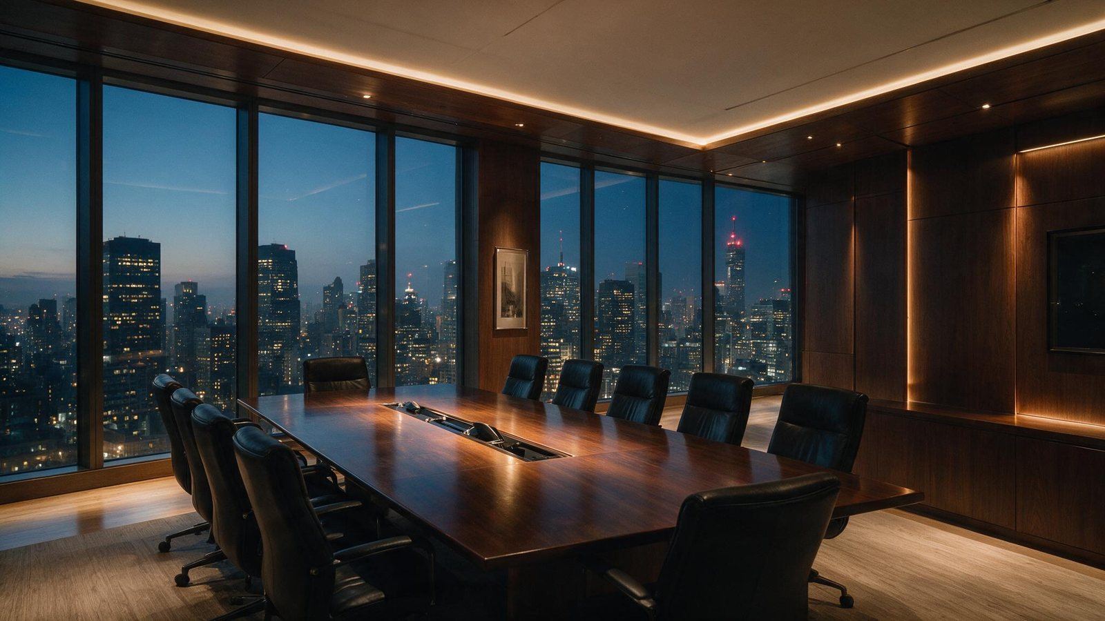 An executive boardroom overlooking a city at dusk