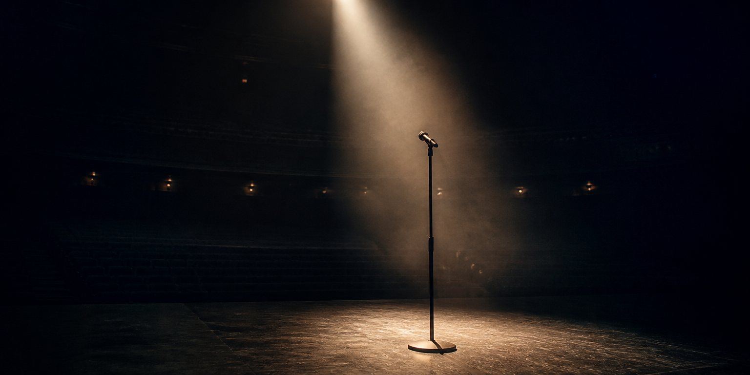 A single microphone under a spotlight on an empty stage