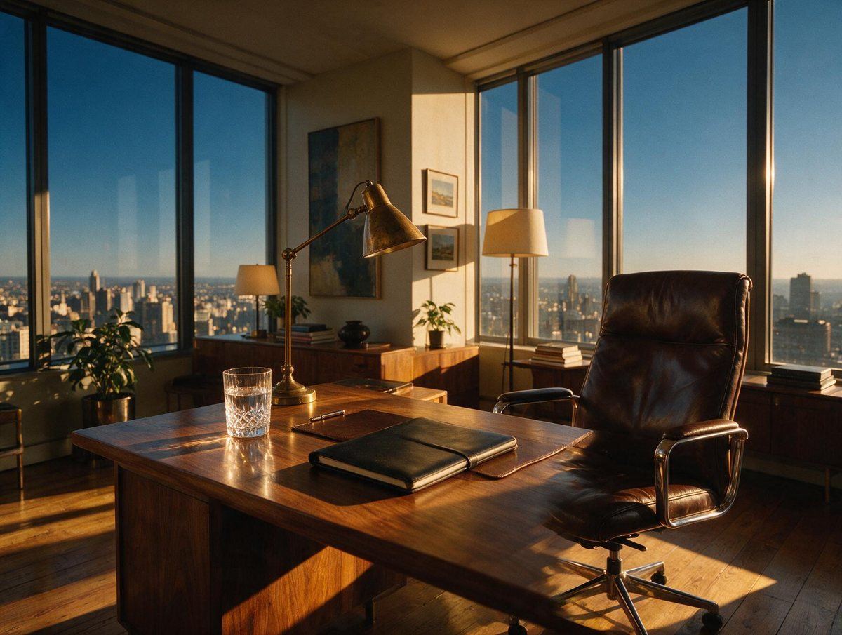 A corner office at golden hour overlooking the city