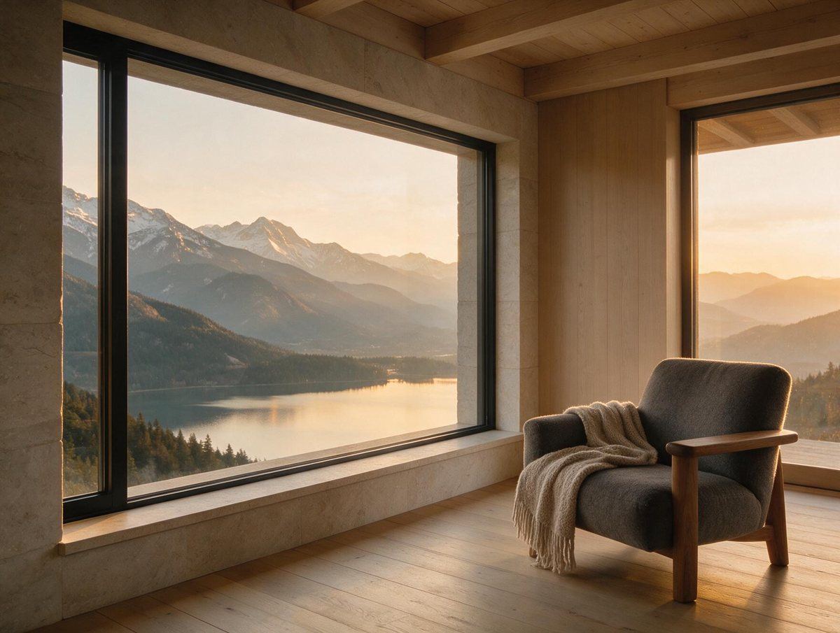 An armchair facing a window onto mountains and a lake
